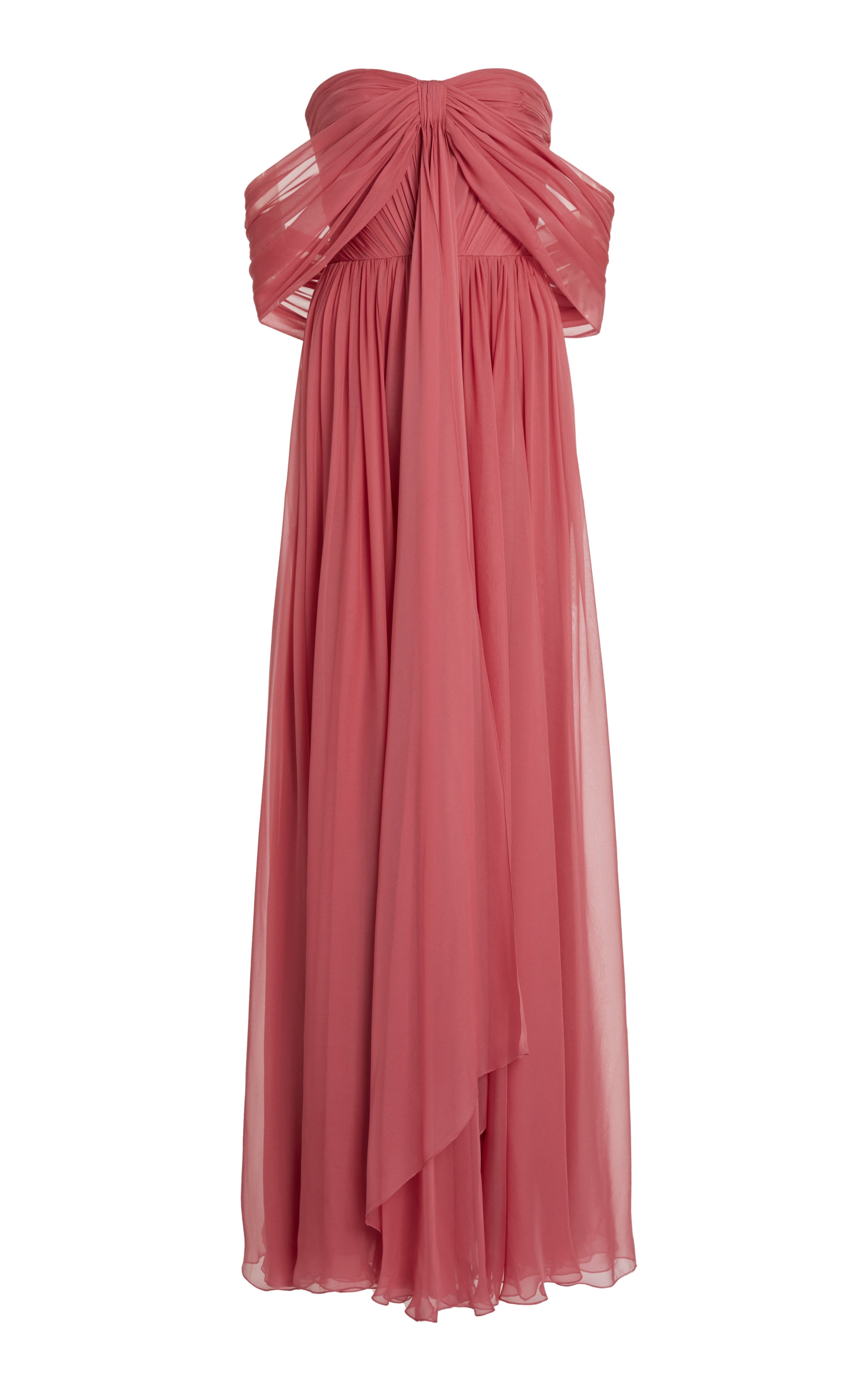 Robe de soirée longue rose poudré, épaules dénudées, sans manches, en mousseline de soie, avec fente latérale